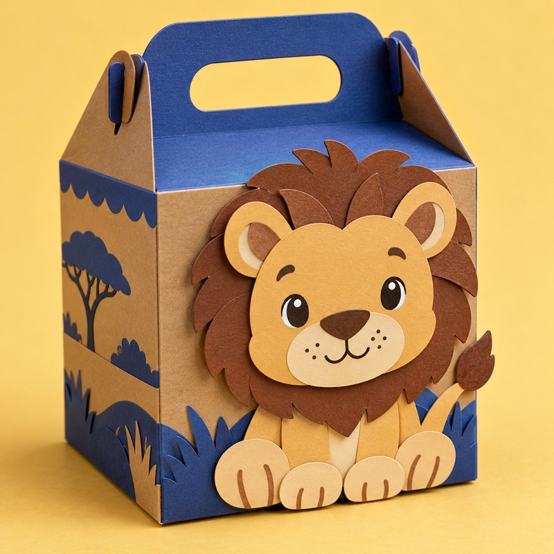 Caixinha de lembrancinha com leão de papel em camadas e tema safari